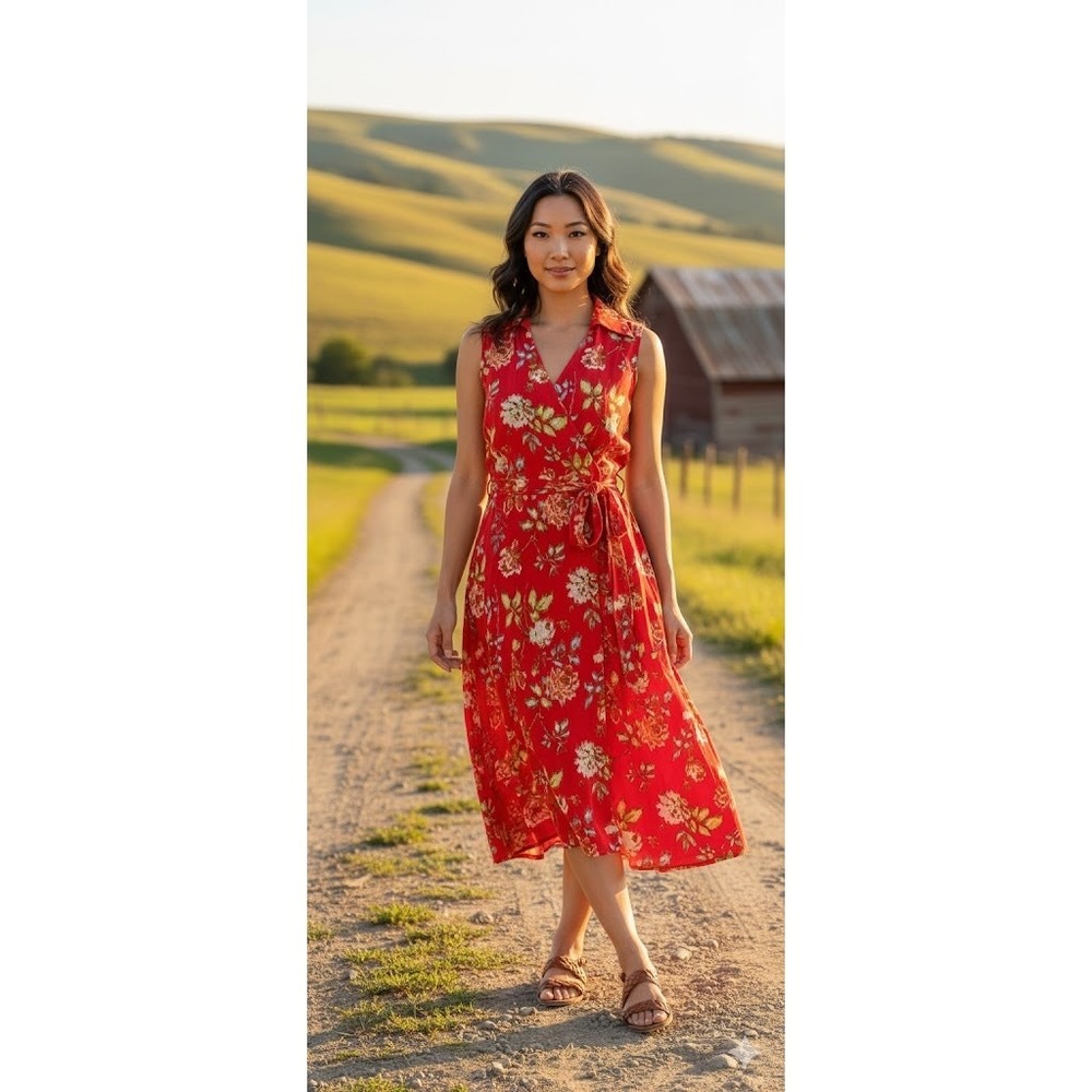 Pendleton‎ Red Floral  Wrap Dress Midi Botanical Prairie Summer Chic PL